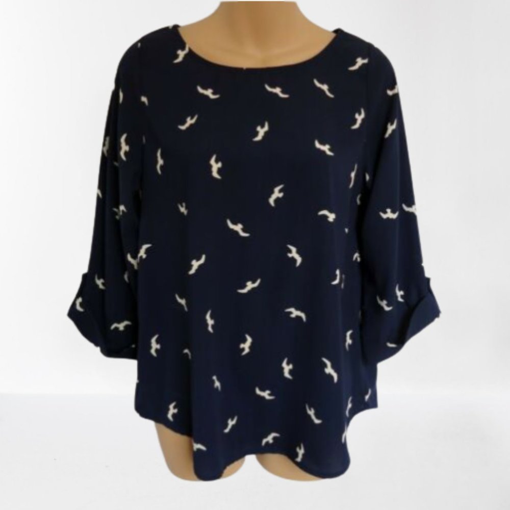 Everly Blouse Semi Sheer Tab Sleeve Seagull Print